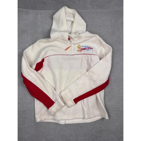 Looney Tunes Mania Tops - Vintage Looney Tunes Hoodie Youth Large White Tweety Bird Fleece 1/4 Zip 2000s